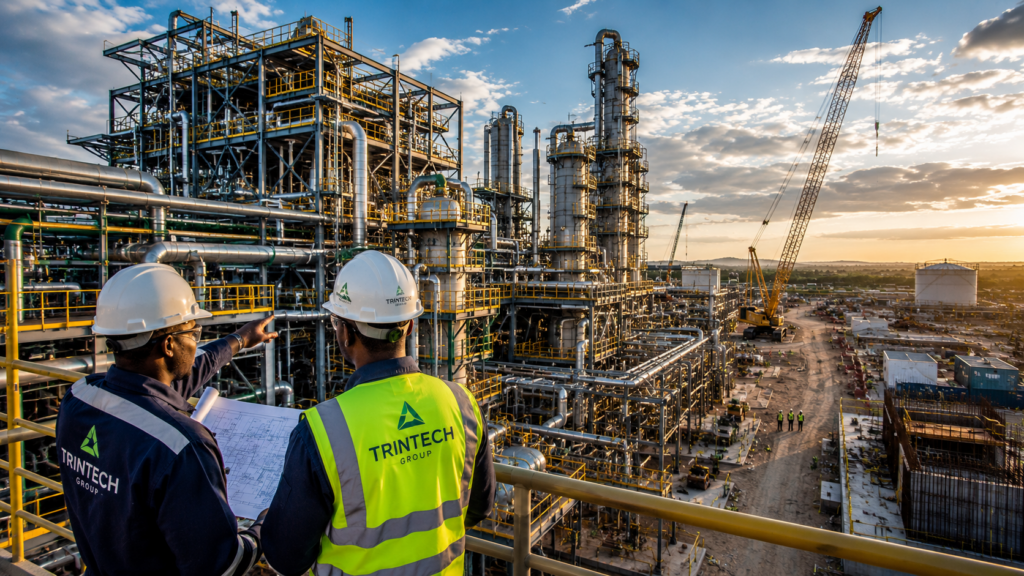 Two Trintech Group engineers overseeing a complex industrial infrastructure project.
